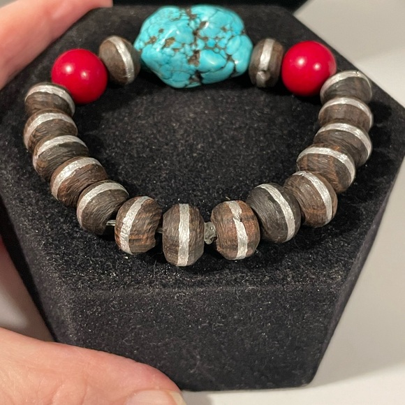 Turquoise, Coral and African Wood Bead Bracelet - Picture 6 of 6